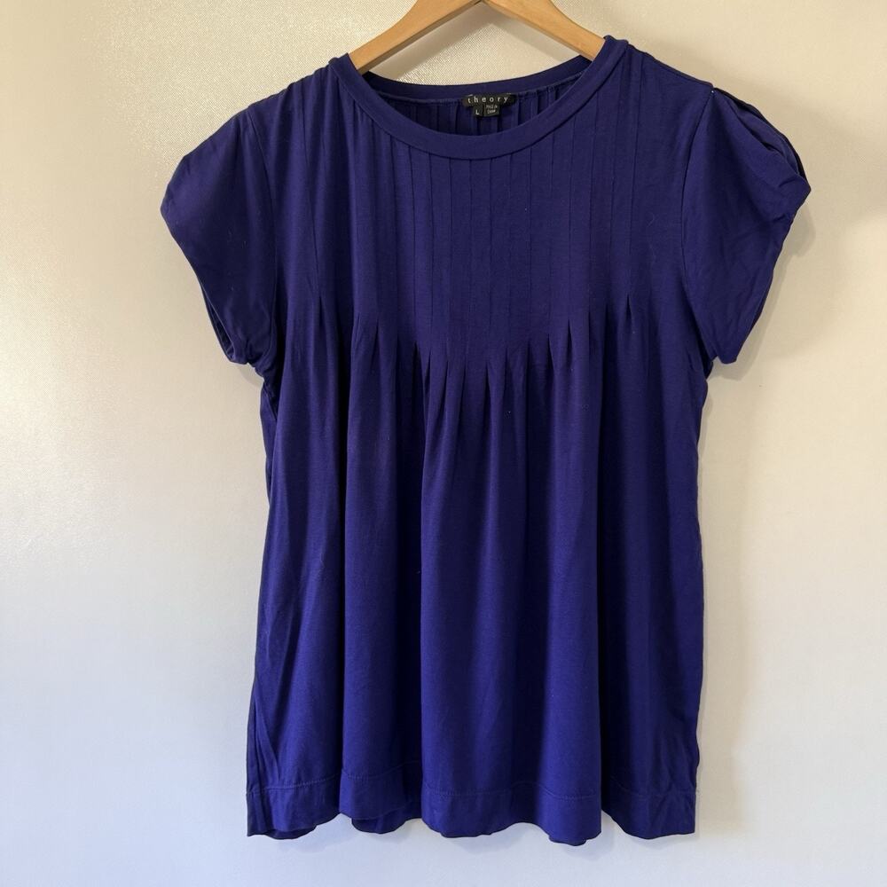 Theory Women's L Lapis Blue Pleated Pintuck Short Sleeve Knit Blouse Top Stretch